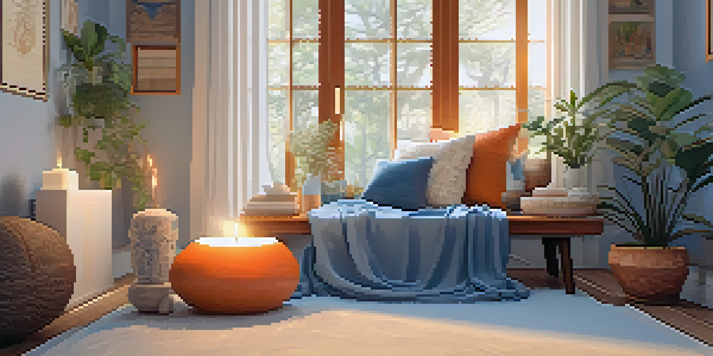 A calming meditation space with orange and blue decor, featuring a cushion, candles, and crystals, illuminated by soft light from a window.