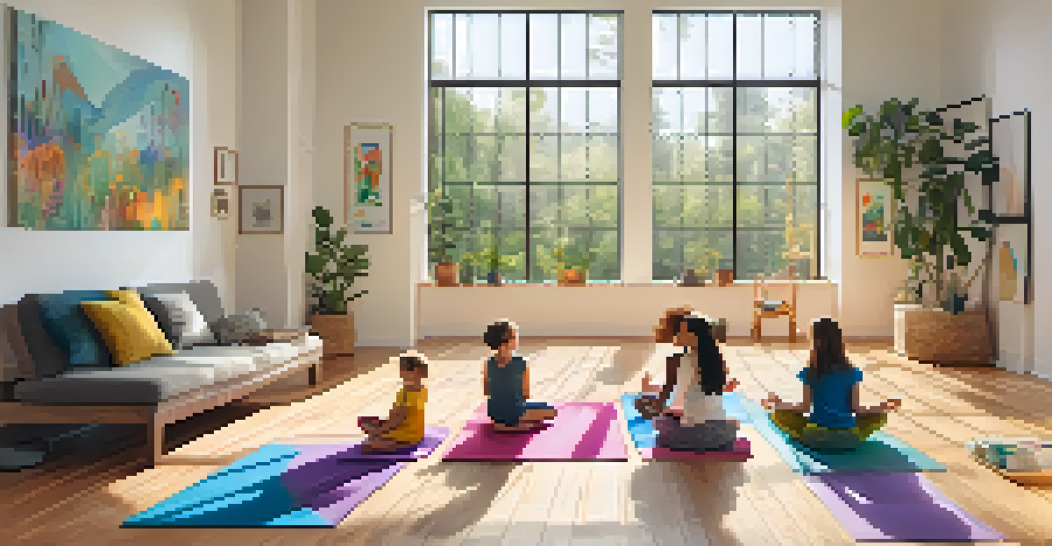 A family practicing yoga together, with parents and children in playful poses in a bright, decorated room.