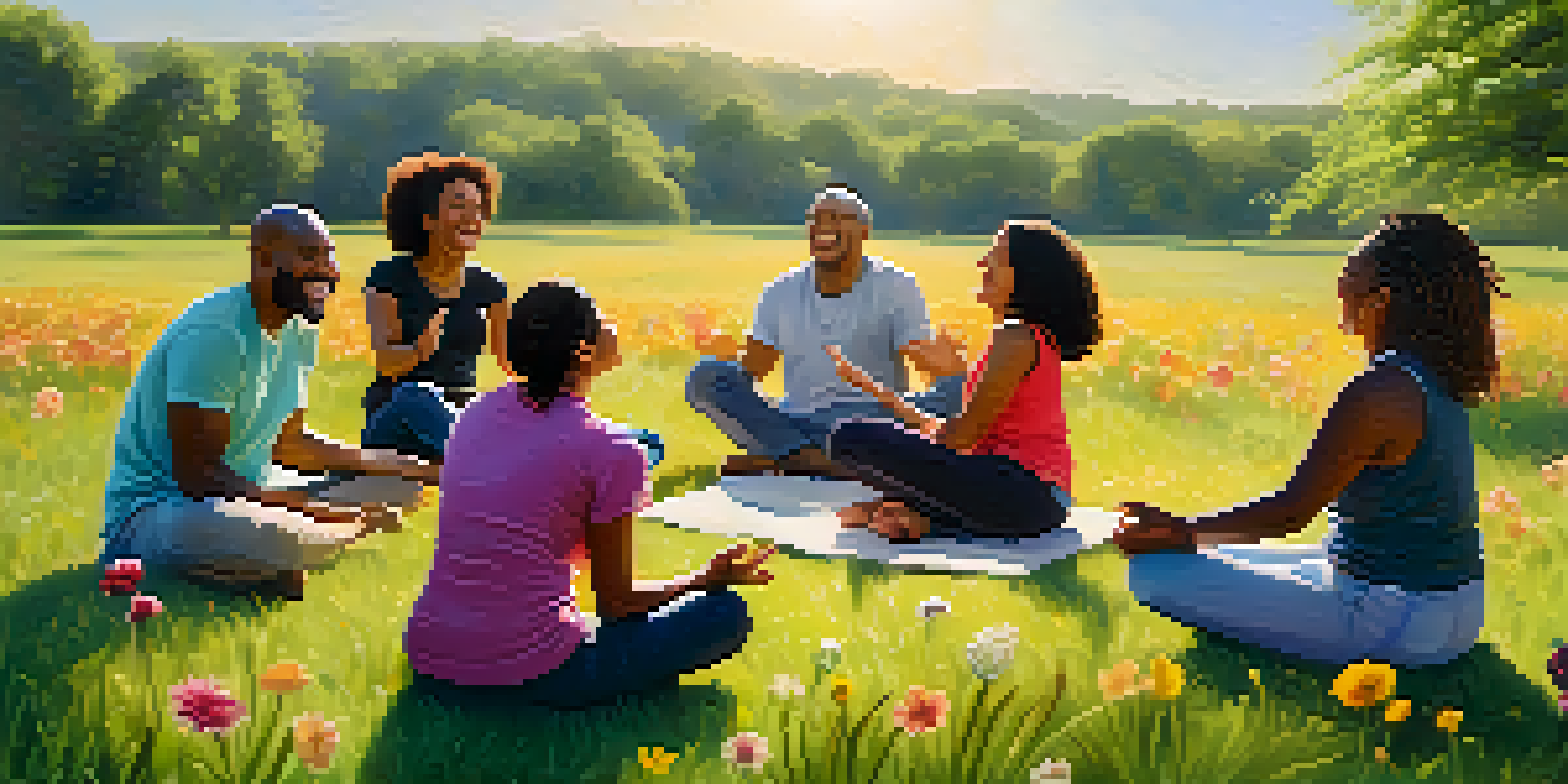 A diverse group of people in a circle on a grassy field, laughing and stretching together during a laughter yoga session, with sunlight and nature surrounding them.