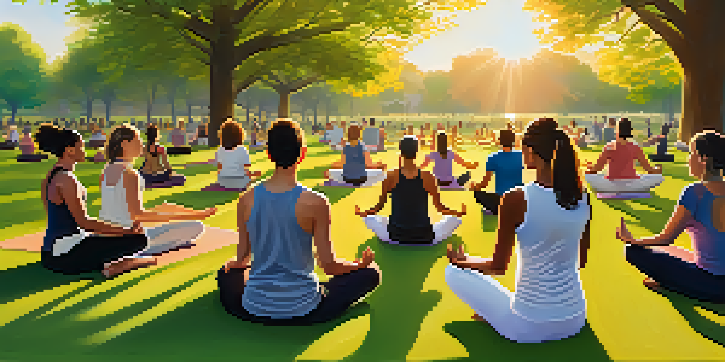 A diverse group of people practicing yoga in a green park at sunset, showcasing community and serenity.