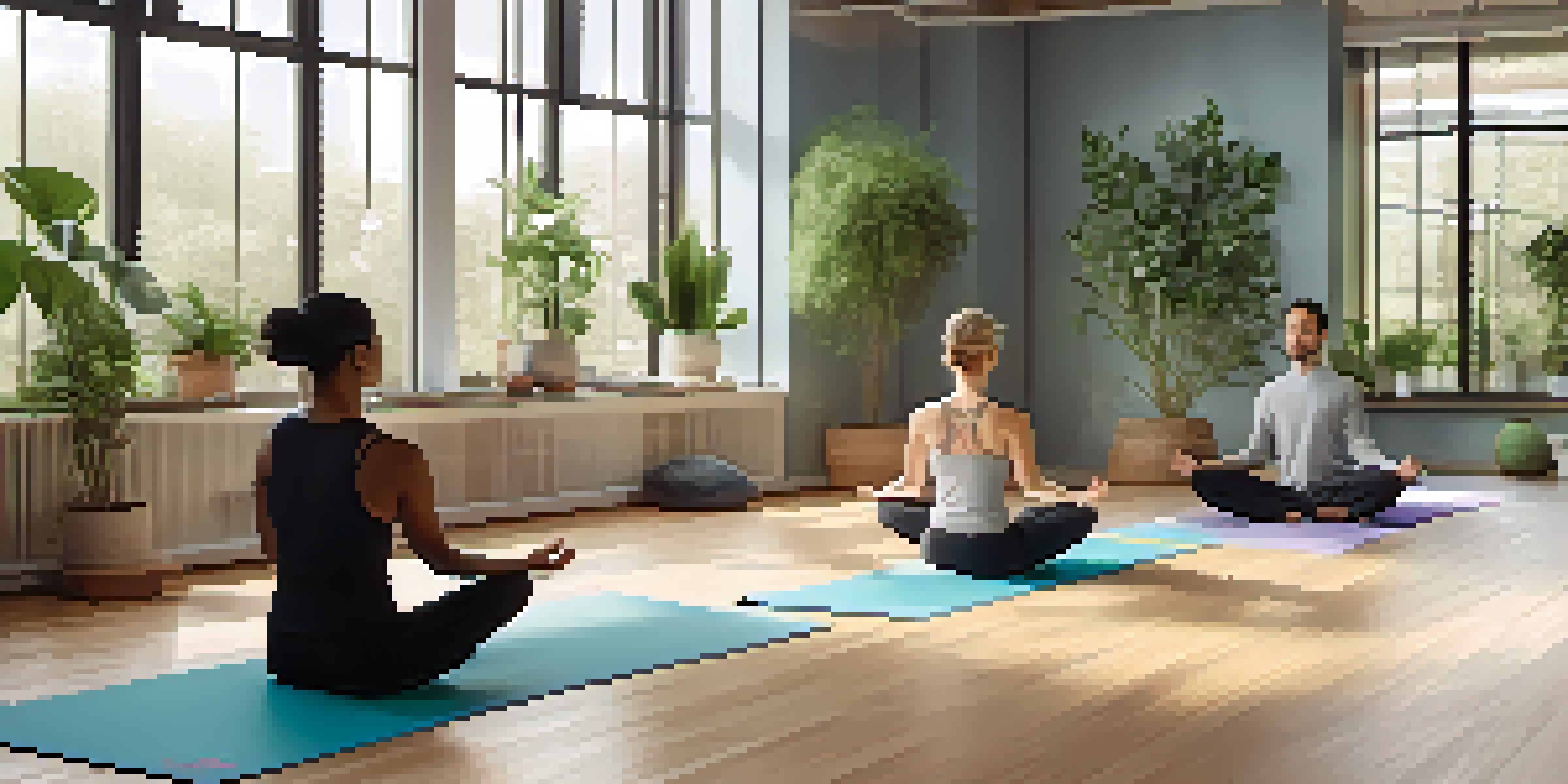 A diverse group of professionals practicing mindfulness yoga in a bright office space with large windows and greenery.