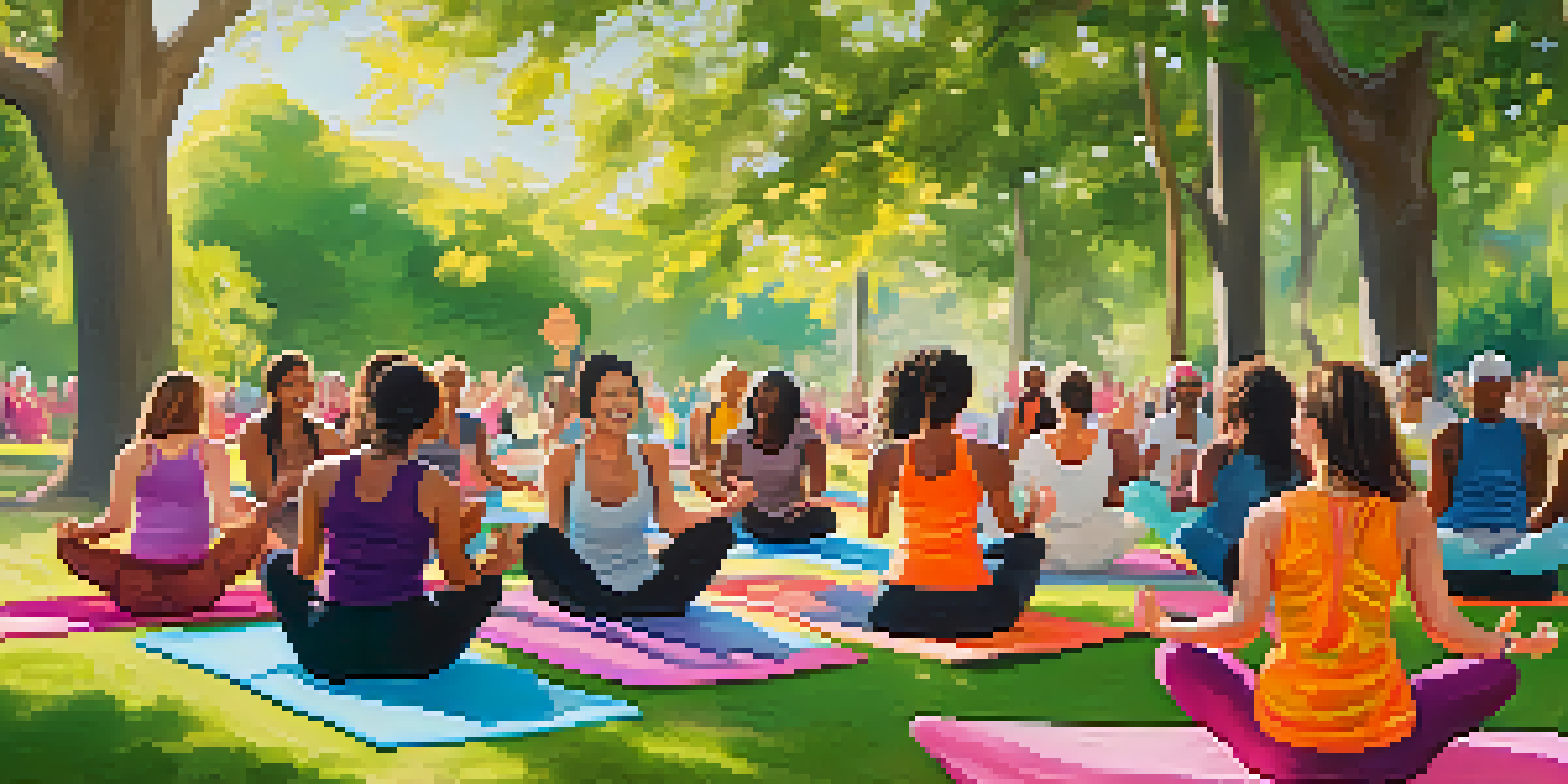 A diverse group of people participating in an outdoor laughter yoga class, smiling and practicing yoga poses in a sunny, green environment.