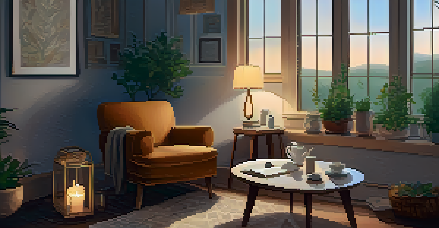 A cozy indoor setting for mindfulness, featuring a person in a chair with a cup of tea and soft candlelight.