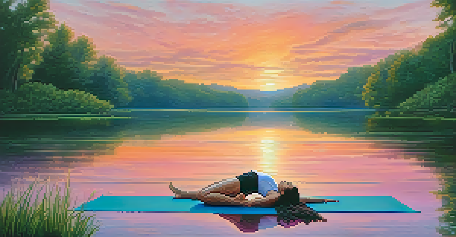 A person practicing Boat Pose by a calm lake at sunset, with colorful reflections in the water and greenery around.