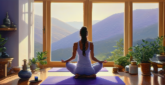 A tranquil yoga studio with a person meditating, surrounded by essential oil bottles and plants.