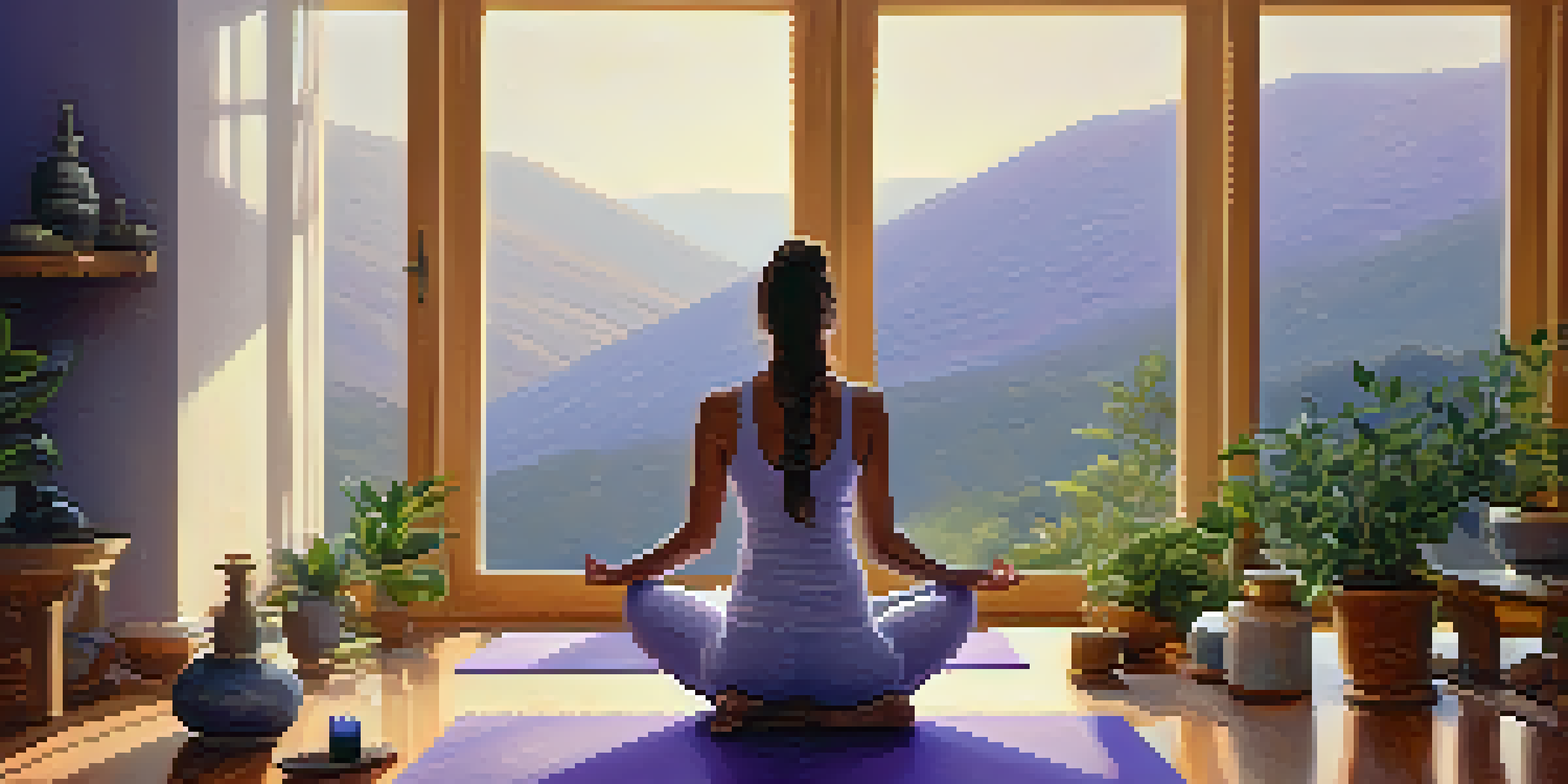 A tranquil yoga studio with a person meditating, surrounded by essential oil bottles and plants.