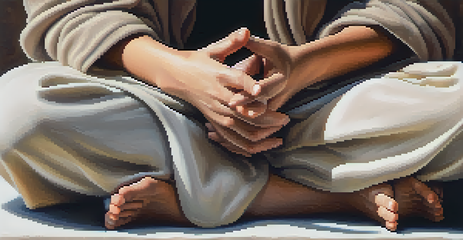 Close-up of hands in a meditative pose, highlighting the calmness of breath in a soothing environment.
