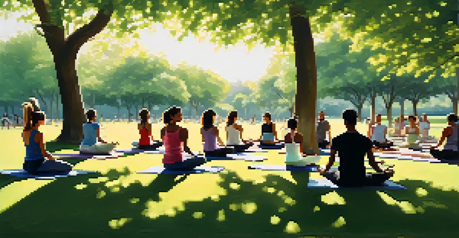 A diverse group practicing yoga outdoors in a park, surrounded by greenery and sunlight.
