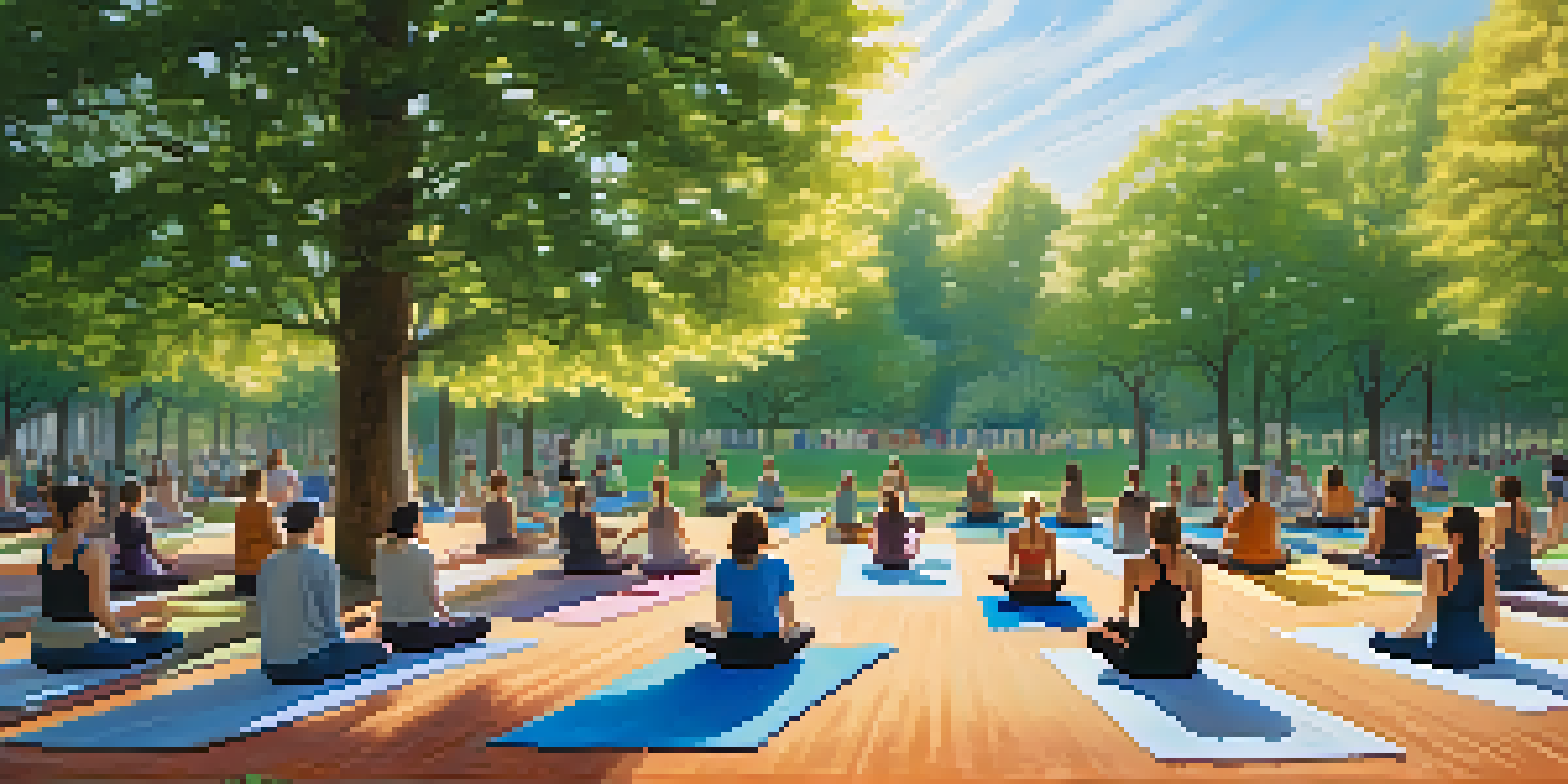 A diverse group of individuals practicing yoga in a sunlit park, surrounded by lush greenery, conveying a sense of community and tranquility.