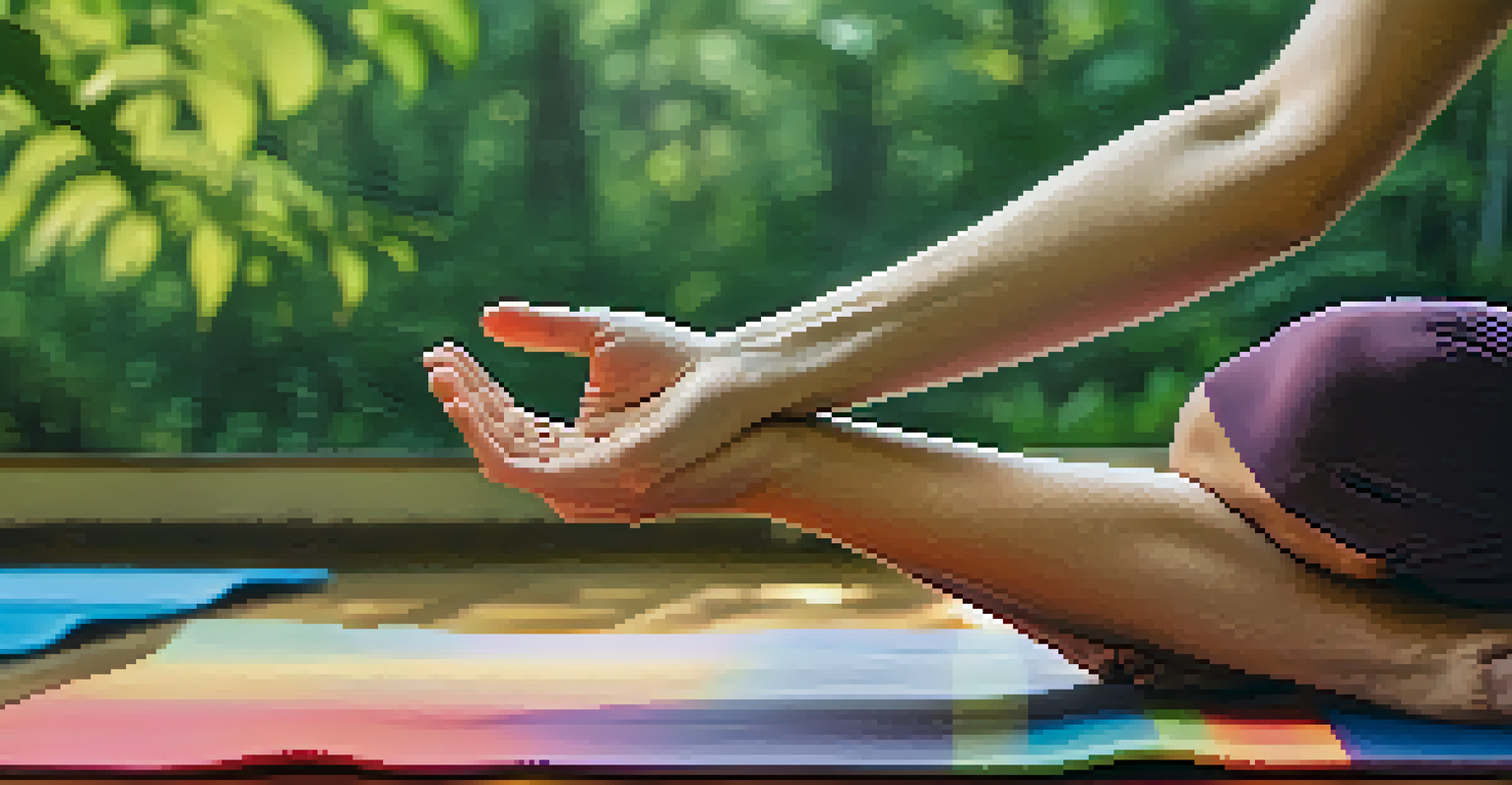 Close-up of hands in a yoga mudra gesture on a colorful yoga mat, with a blurred peaceful nature background.