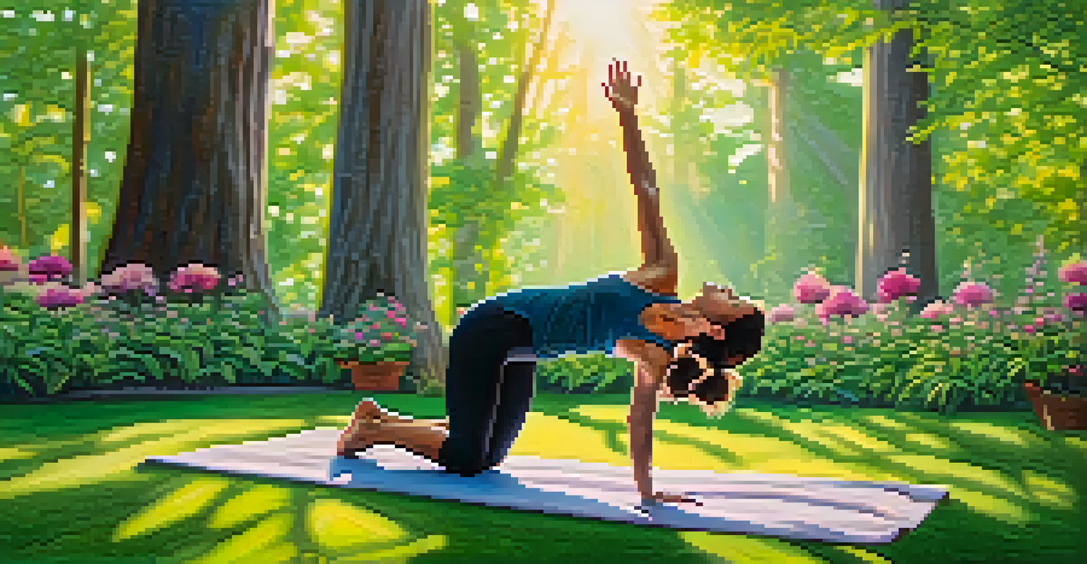 A person practicing yoga in a park at sunrise, in downward dog pose, surrounded by flowers and trees.