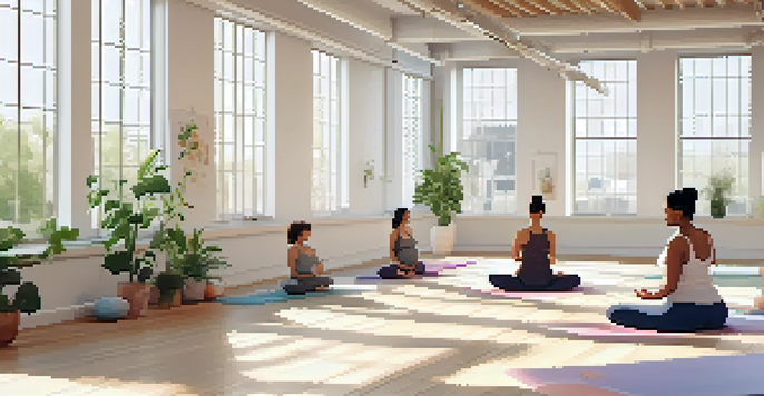 A group of expecting mothers practicing prenatal yoga in a bright studio, with large windows and plants around them.