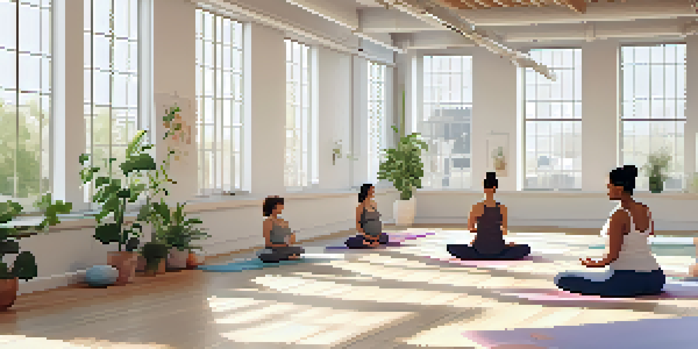 A group of expecting mothers practicing prenatal yoga in a bright studio, with large windows and plants around them.