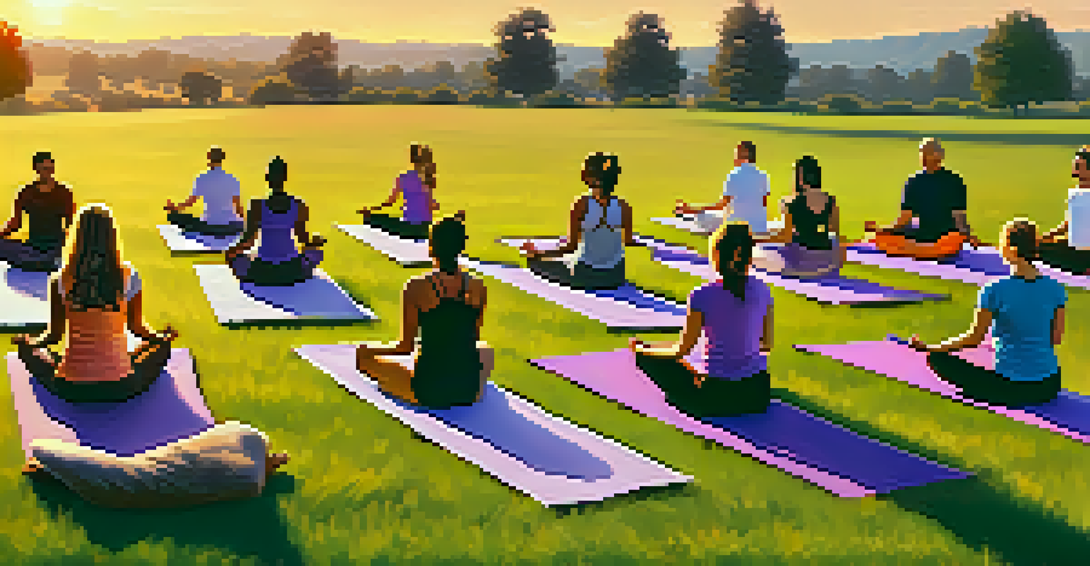 A diverse group of people practicing yoga outdoors at sunset on a grassy field.