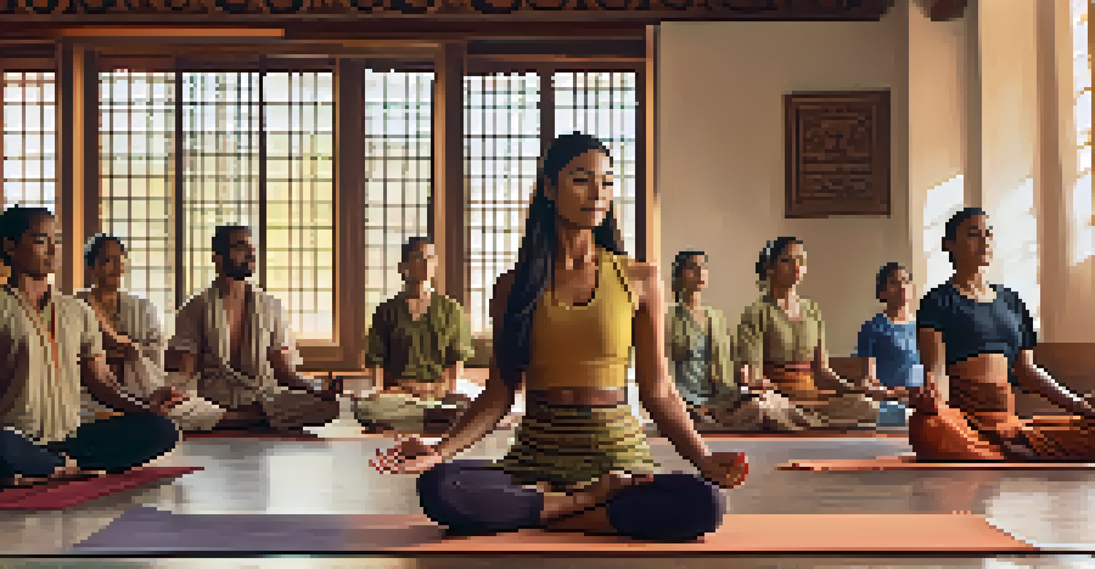 A yoga instructor in traditional attire demonstrating a pose to a culturally diverse group of participants.