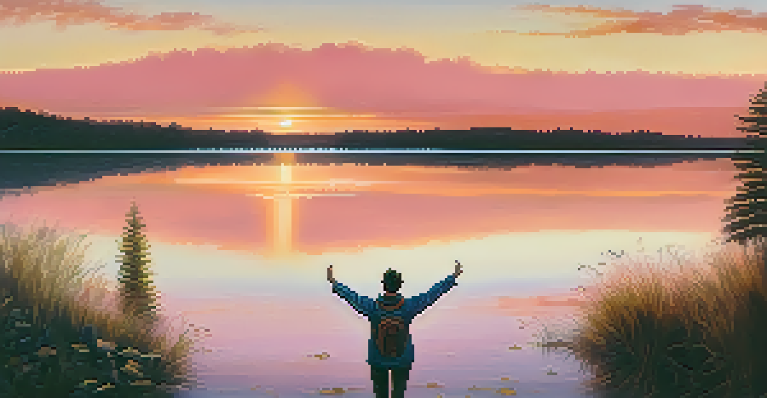 A person standing by a lake at sunset, taking deep breaths with arms raised.