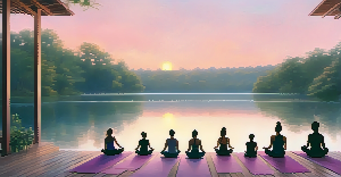 A diverse group of people practicing yoga at dawn on a deck by a lake, with pastel colors in the sky.