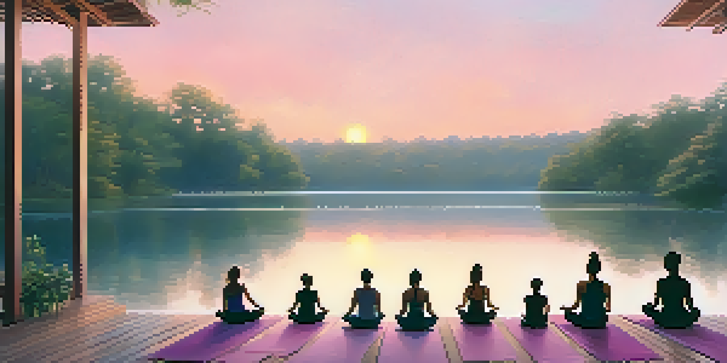 A diverse group of people practicing yoga at dawn on a deck by a lake, with pastel colors in the sky.