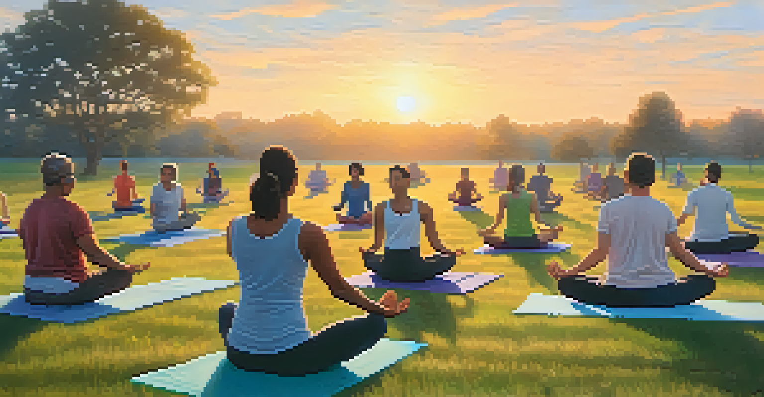 Participants enjoying a sunrise yoga session in a grassy field, radiating joy and connection.