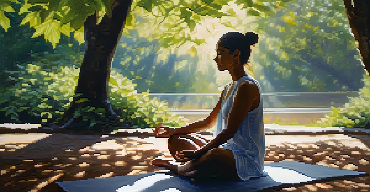 A person meditating outdoors in a peaceful natural environment, with sunlight filtering through the trees and a calm expression.