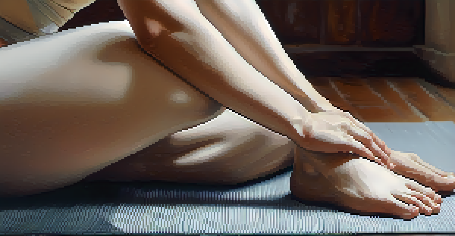 Close-up of hands gripping knees in Wind-Relieving Pose, with a calm expression, set against a softly textured yoga mat in a cozy room.