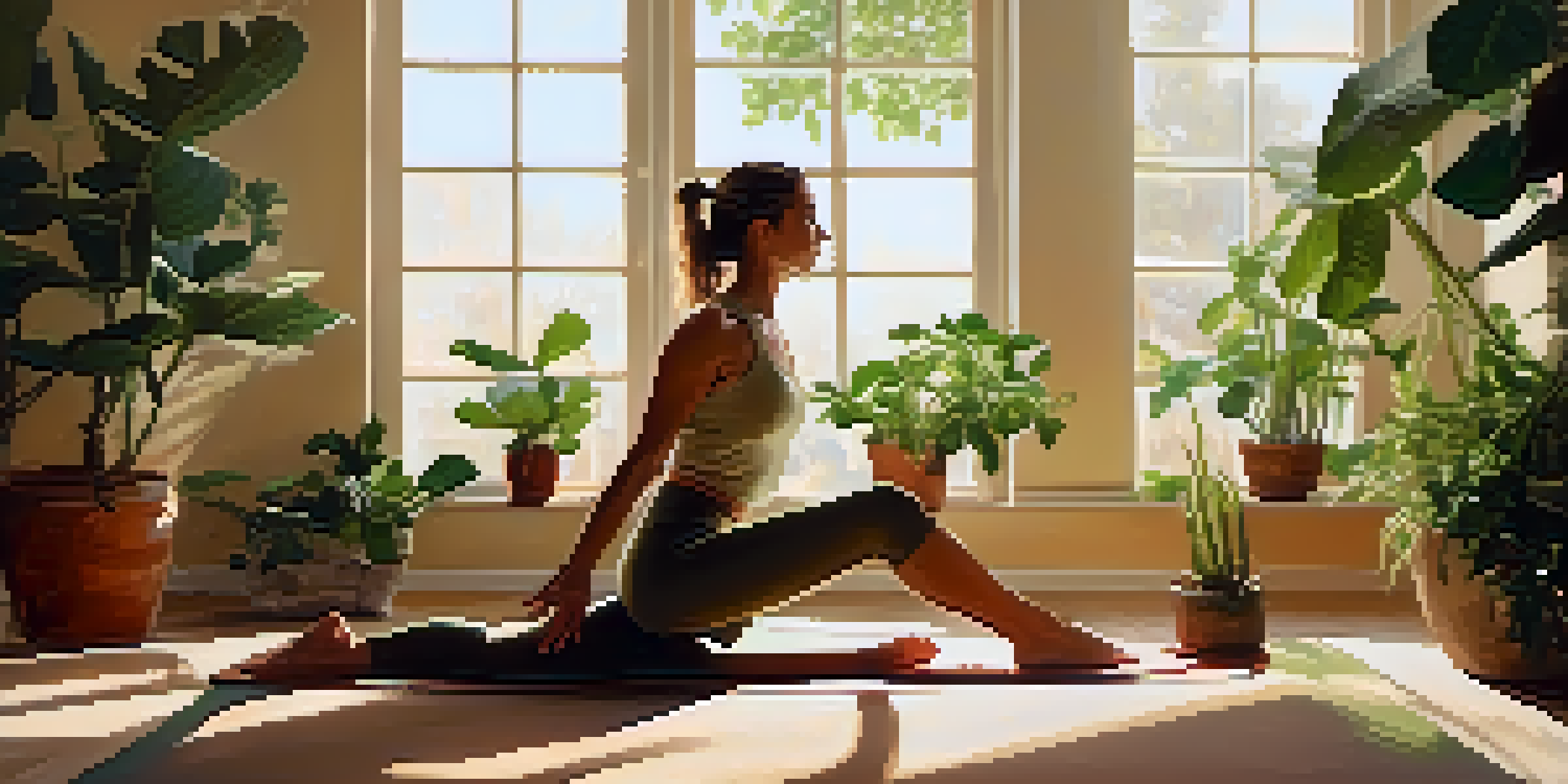 A person practicing yoga in a sunlit room with plants and a yoga mat, creating a calm and peaceful environment.