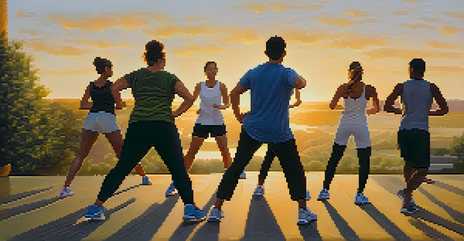 A diverse group of people performing warm-up exercises outdoors during sunrise.
