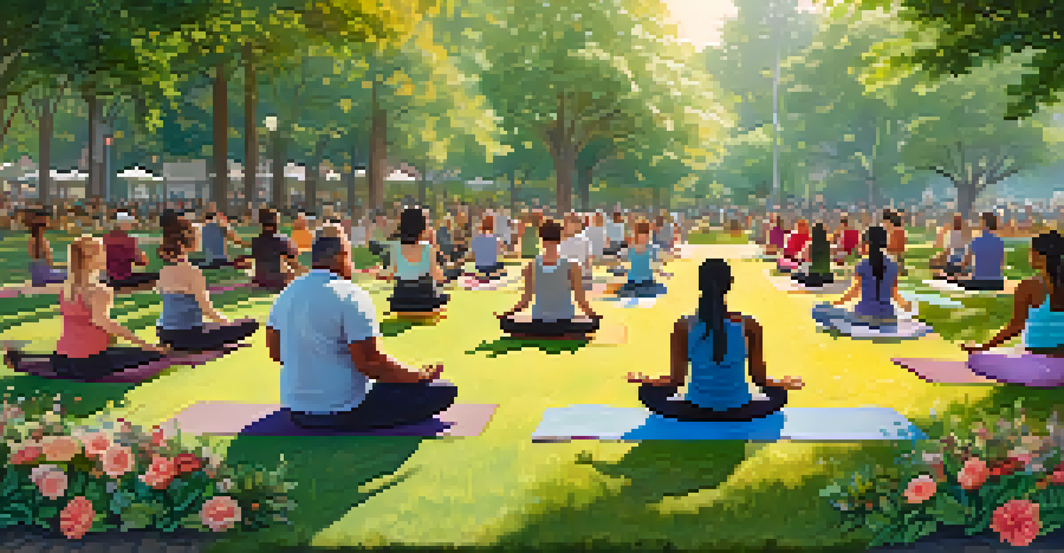 A diverse group of people practicing yoga together in a park, surrounded by greenery and flowers, under warm afternoon sunlight.