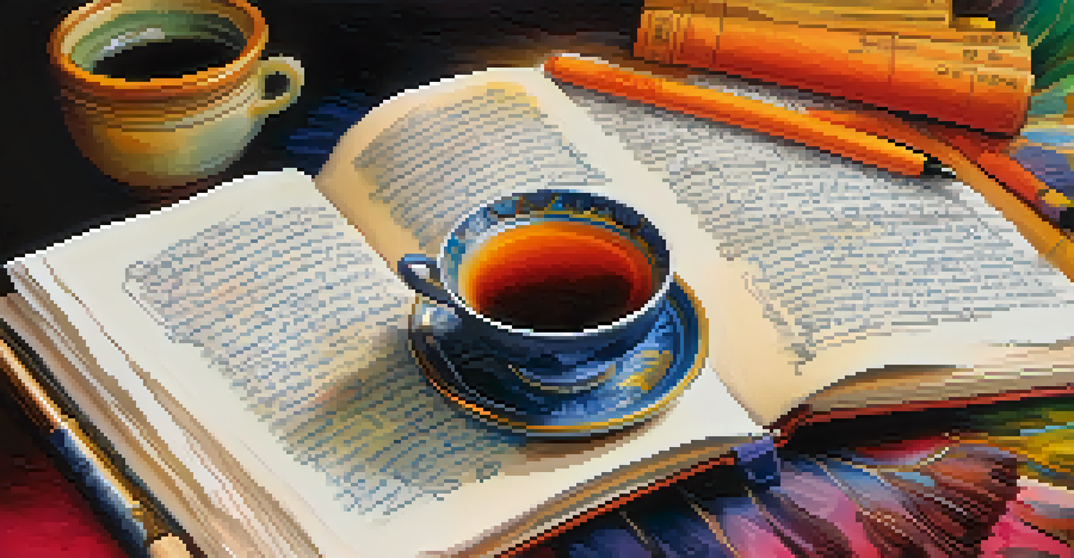 A close-up of a journal page with handwritten reflections, colorful pens, and a steaming cup of herbal tea, symbolizing creativity and introspection.