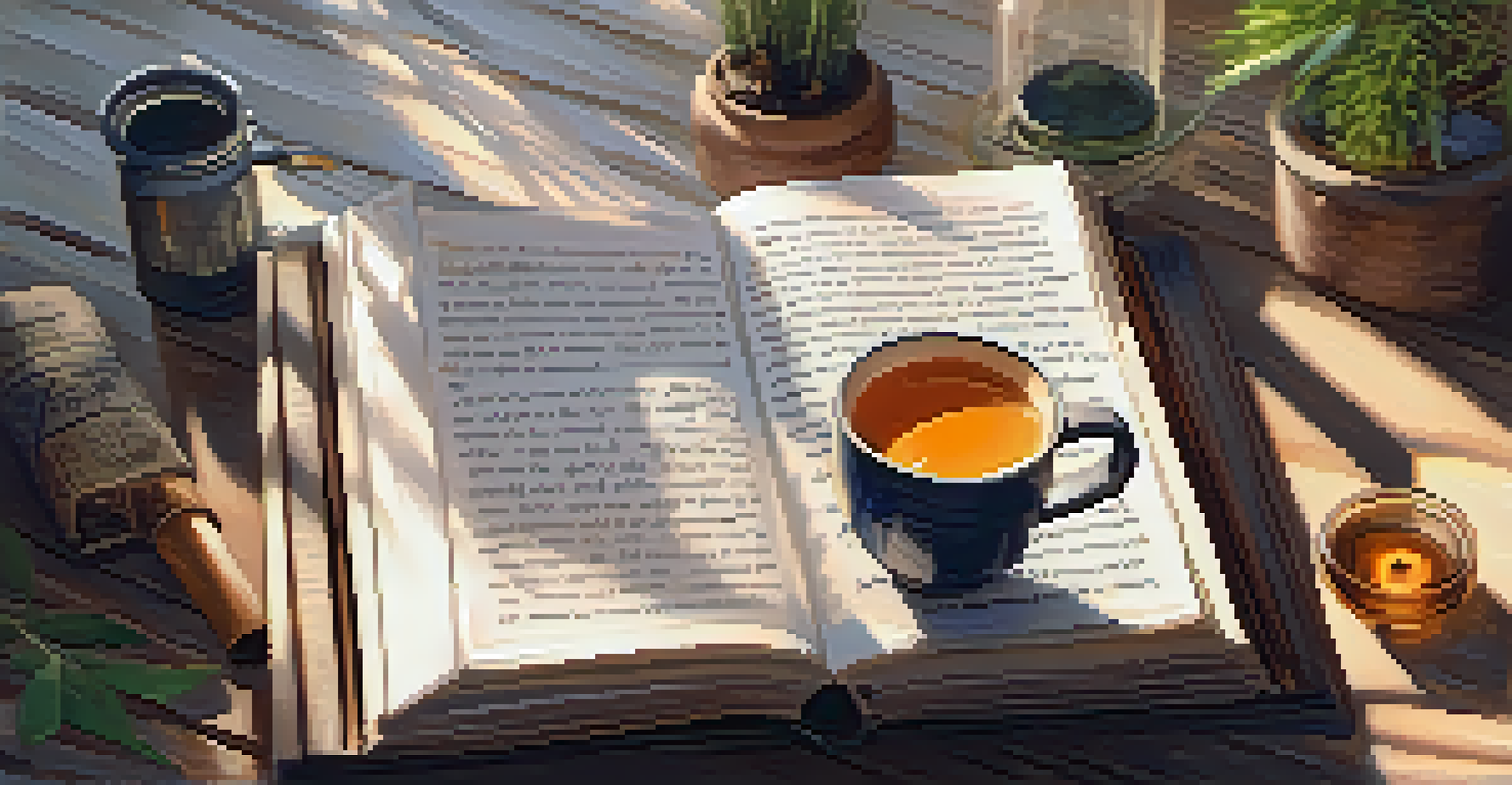 A journal, candle, and cup of tea on a wooden table, with handwritten notes about meditation and yoga, creating a cozy ambiance.