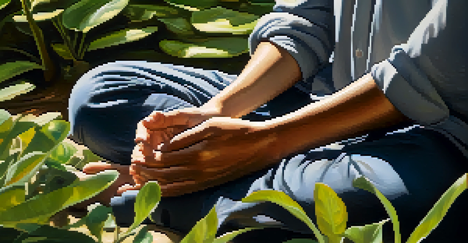 A close-up of hands in a meditative pose against a tranquil outdoor backdrop of greenery.