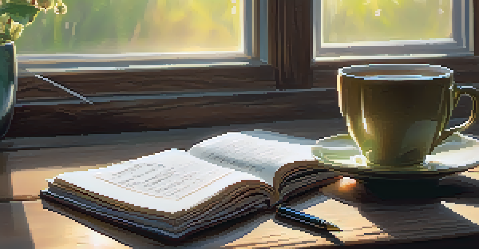 An open journal with notes on gratitude next to a cup of tea, illuminated by soft morning light.
