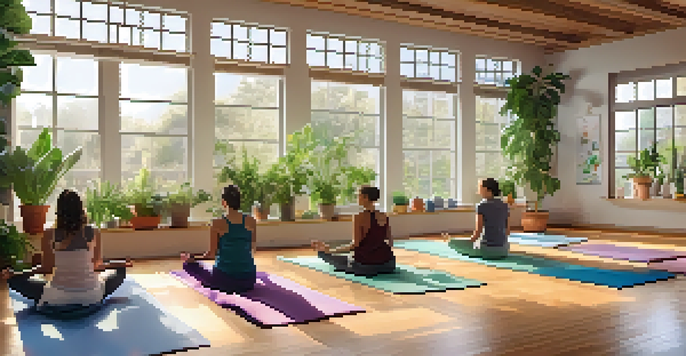 A peaceful yoga studio with individuals practicing various yoga poses under natural light, surrounded by plants and colorful mats.