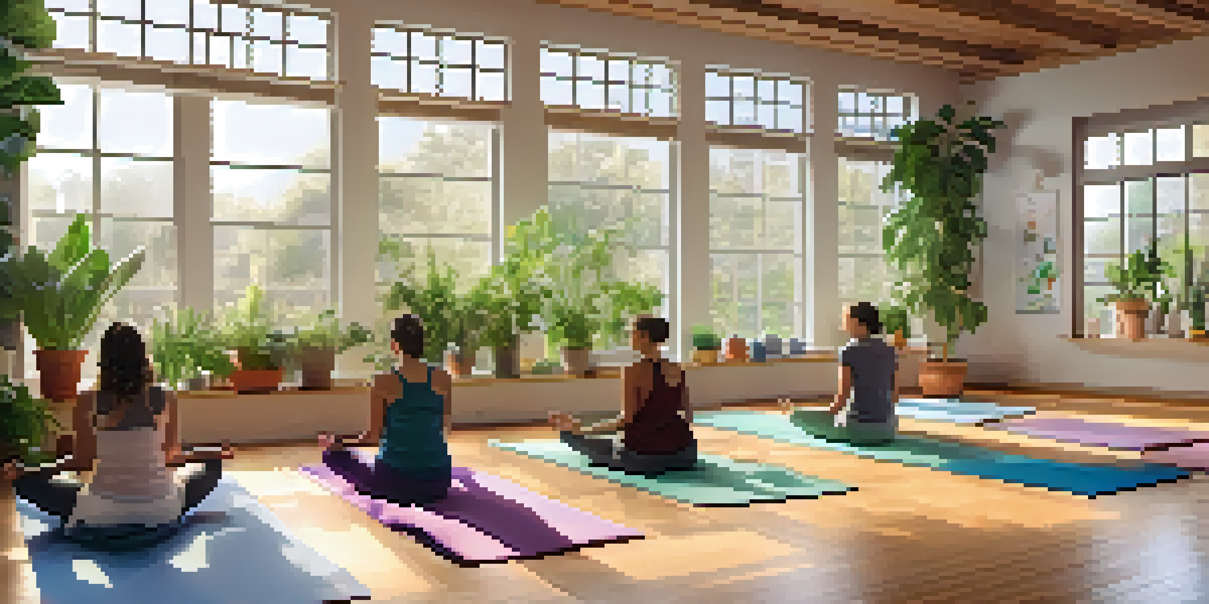 A peaceful yoga studio with individuals practicing various yoga poses under natural light, surrounded by plants and colorful mats.