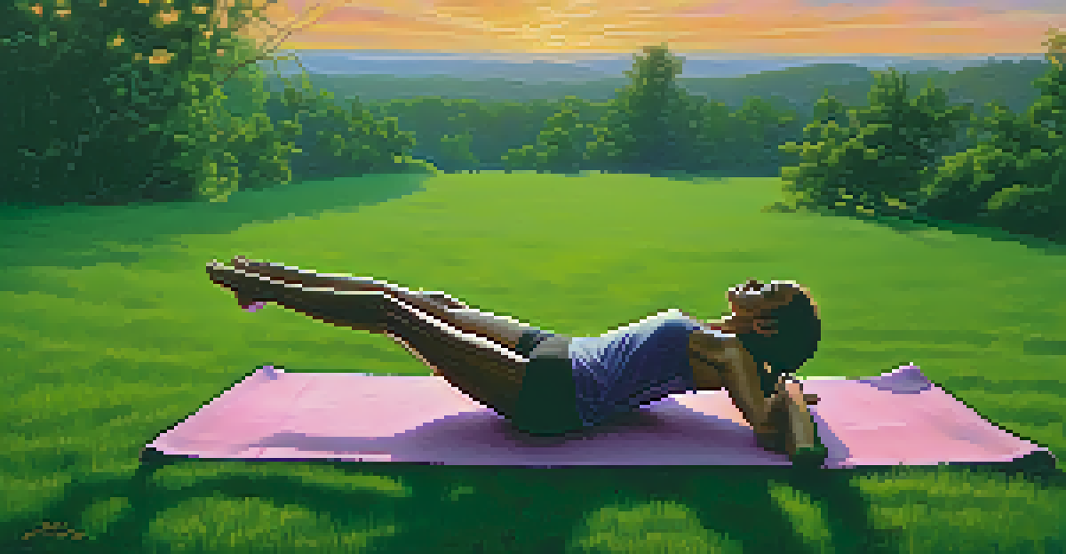 A person practicing Legs-Up-The-Wall Pose outdoors at sunrise, with a colorful sky and green grass surrounding them.