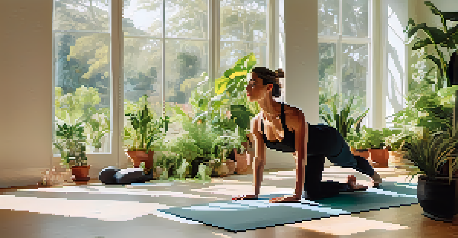 A person in Cobra Pose on a yoga mat in a bright room with plants and natural light.