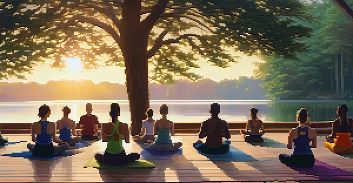 A diverse group of individuals practicing yoga on a wooden deck at sunrise, surrounded by nature and a calm lake.