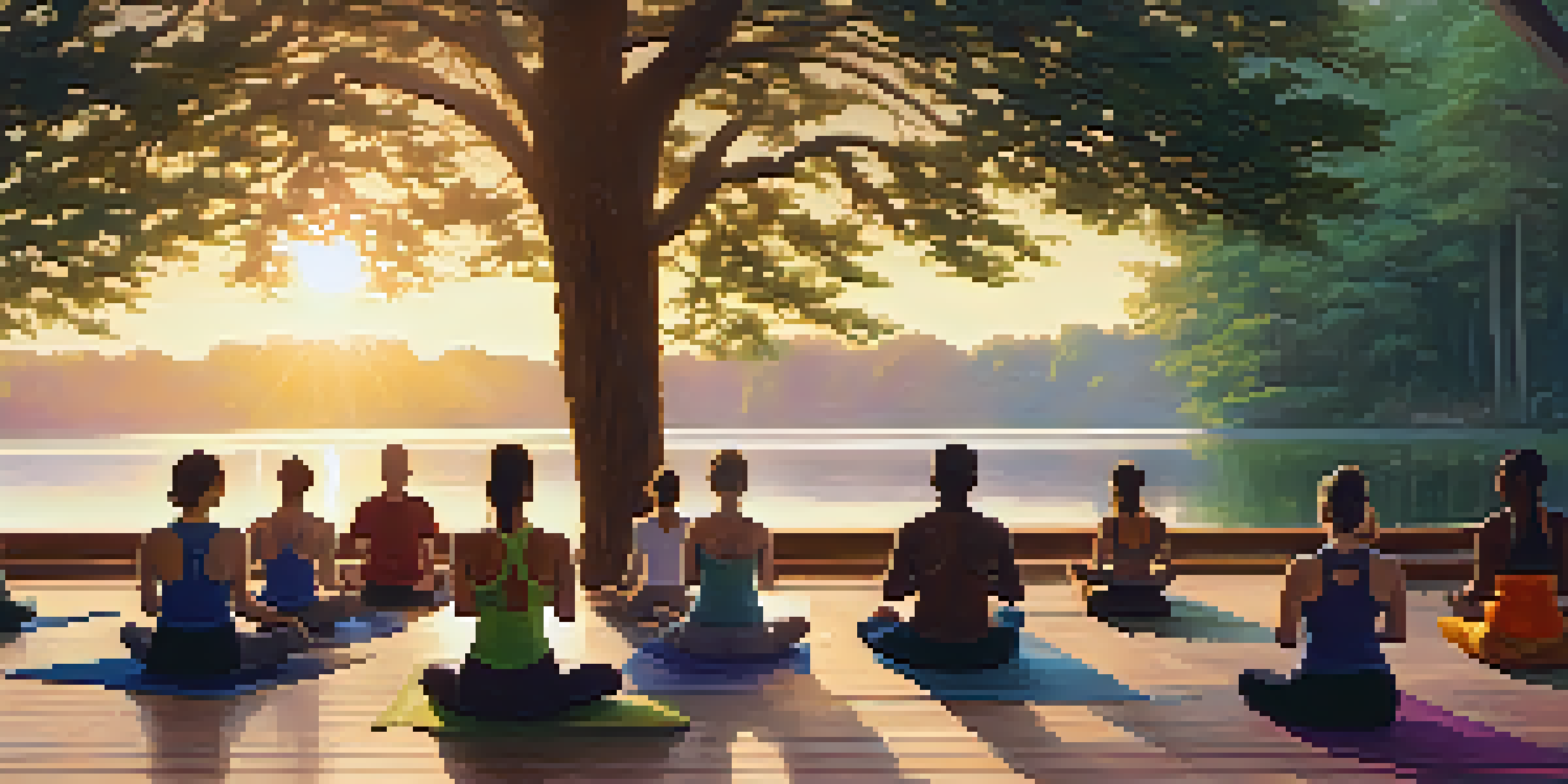 A diverse group of individuals practicing yoga on a wooden deck at sunrise, surrounded by nature and a calm lake.