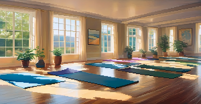 A diverse group of people practicing yoga in a bright, peaceful studio filled with plants and soft morning light.