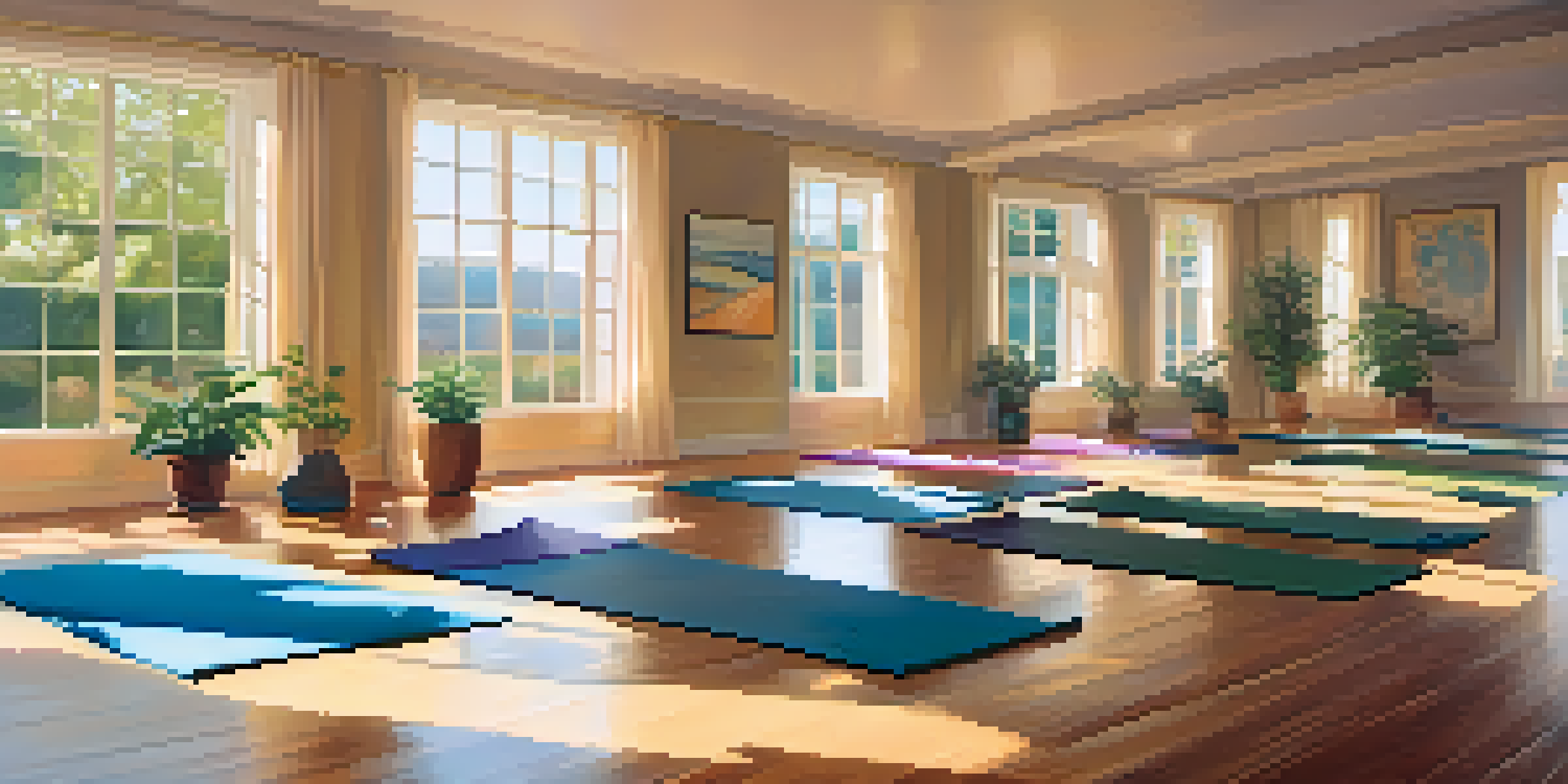 A diverse group of people practicing yoga in a bright, peaceful studio filled with plants and soft morning light.