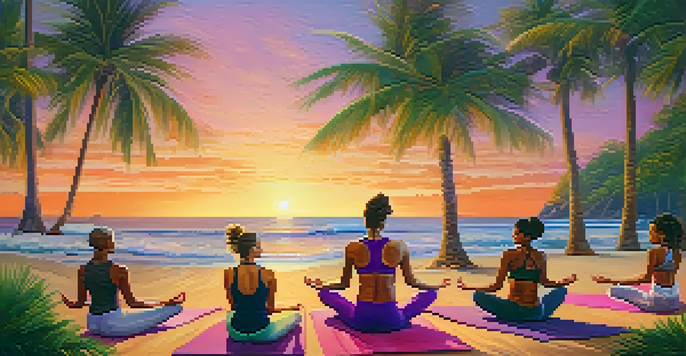 A group of diverse individuals practicing yoga on a tropical beach at sunset, with palm trees and ocean waves in the background.