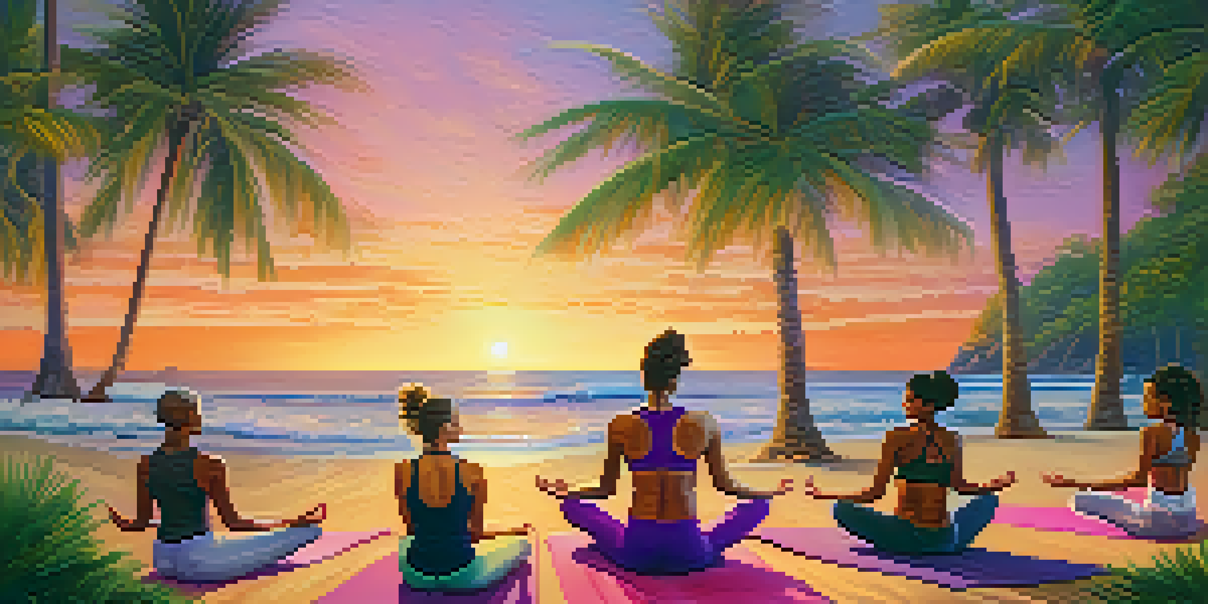 A group of diverse individuals practicing yoga on a tropical beach at sunset, with palm trees and ocean waves in the background.