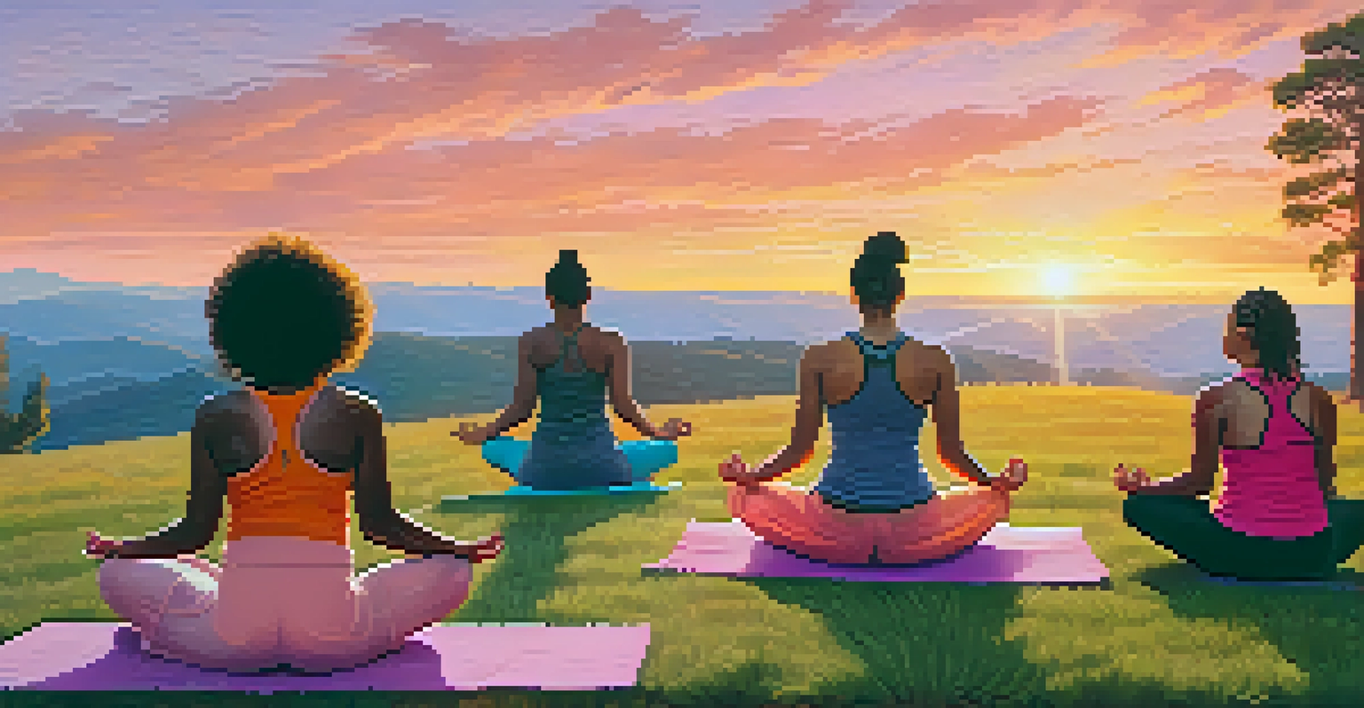A diverse group practicing yoga poses on a grassy hillside at sunset.