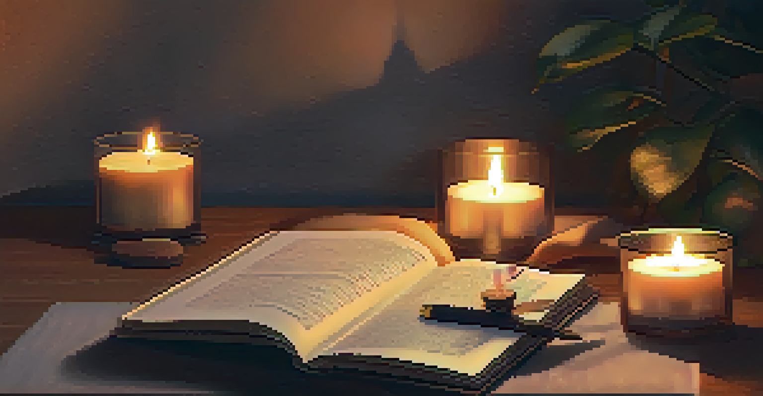 A cozy candlelit yoga space with cushions, a journal, and soft lighting for personal reflection.
