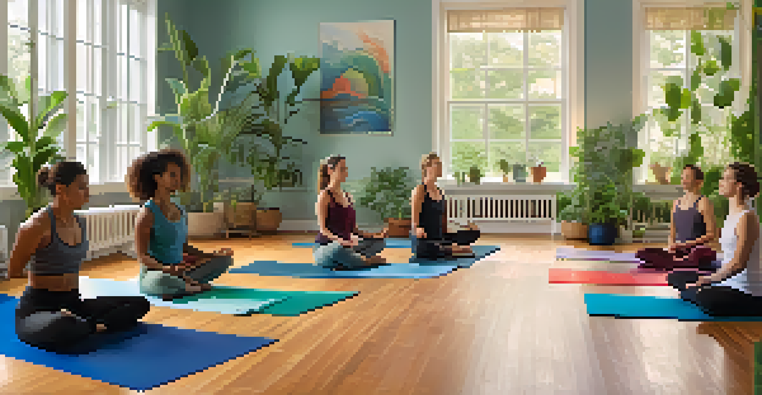 Participants in a yoga class practicing breathwork exercises in a softly lit room filled with plants and candles, showcasing mindfulness.
