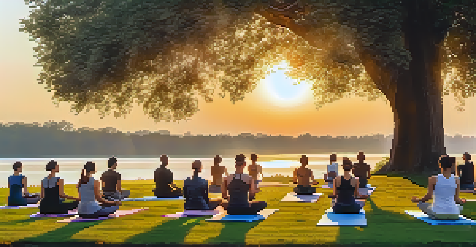 An outdoor yoga session at sunrise with individuals practicing poses on a grassy field under warm sunlight.