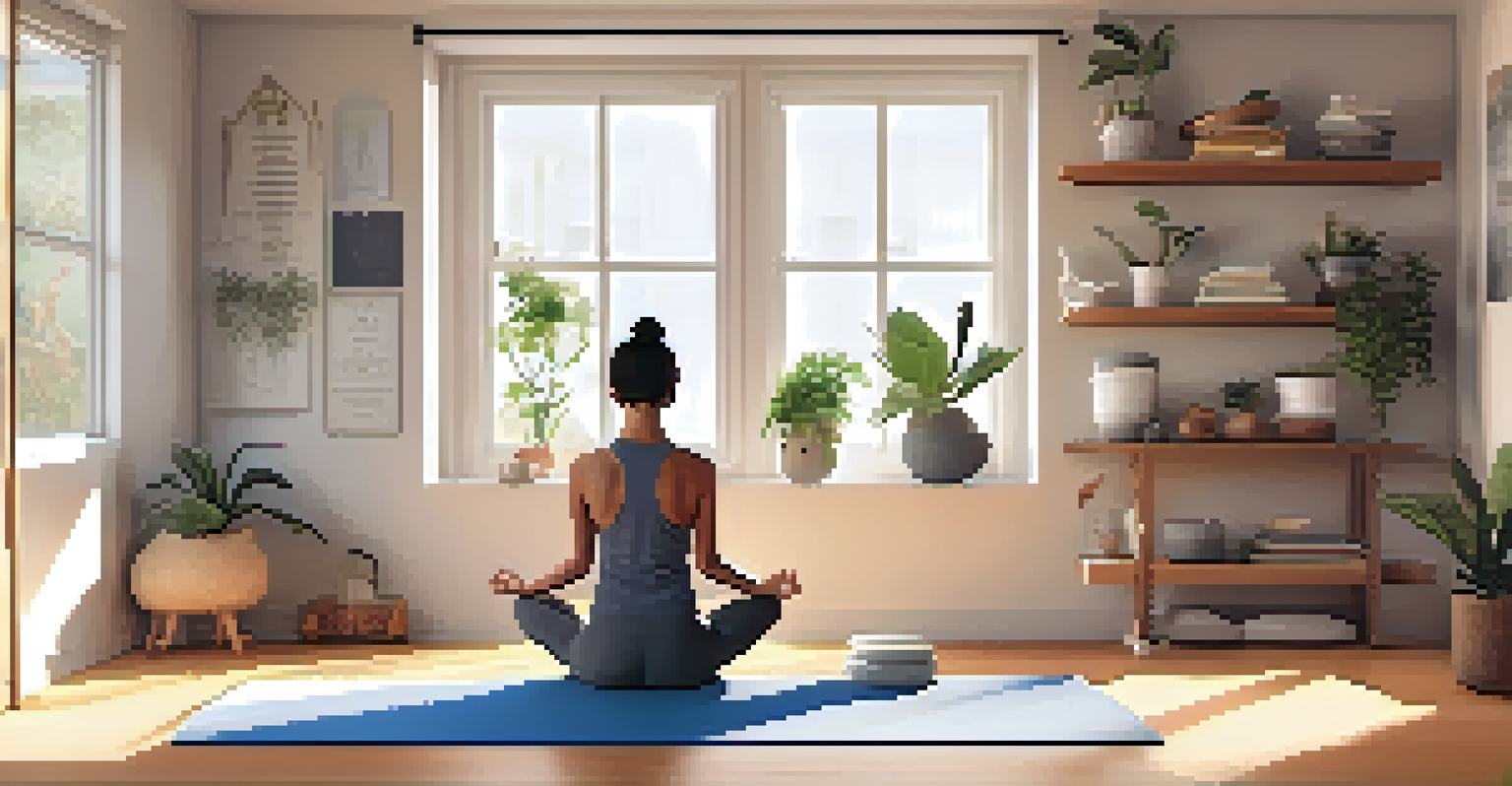 A cozy home yoga space with a non-slip mat and props, showcasing a senior preparing for practice in a tidy, well-lit environment.