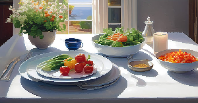 A peaceful dining setup featuring a colorful healthy meal, soft lighting, and a warm ambiance.