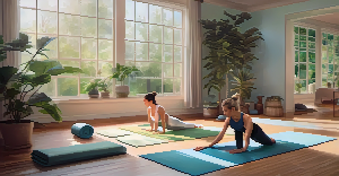 A couple practicing partner yoga in a serene studio with soft lighting and calming plants.