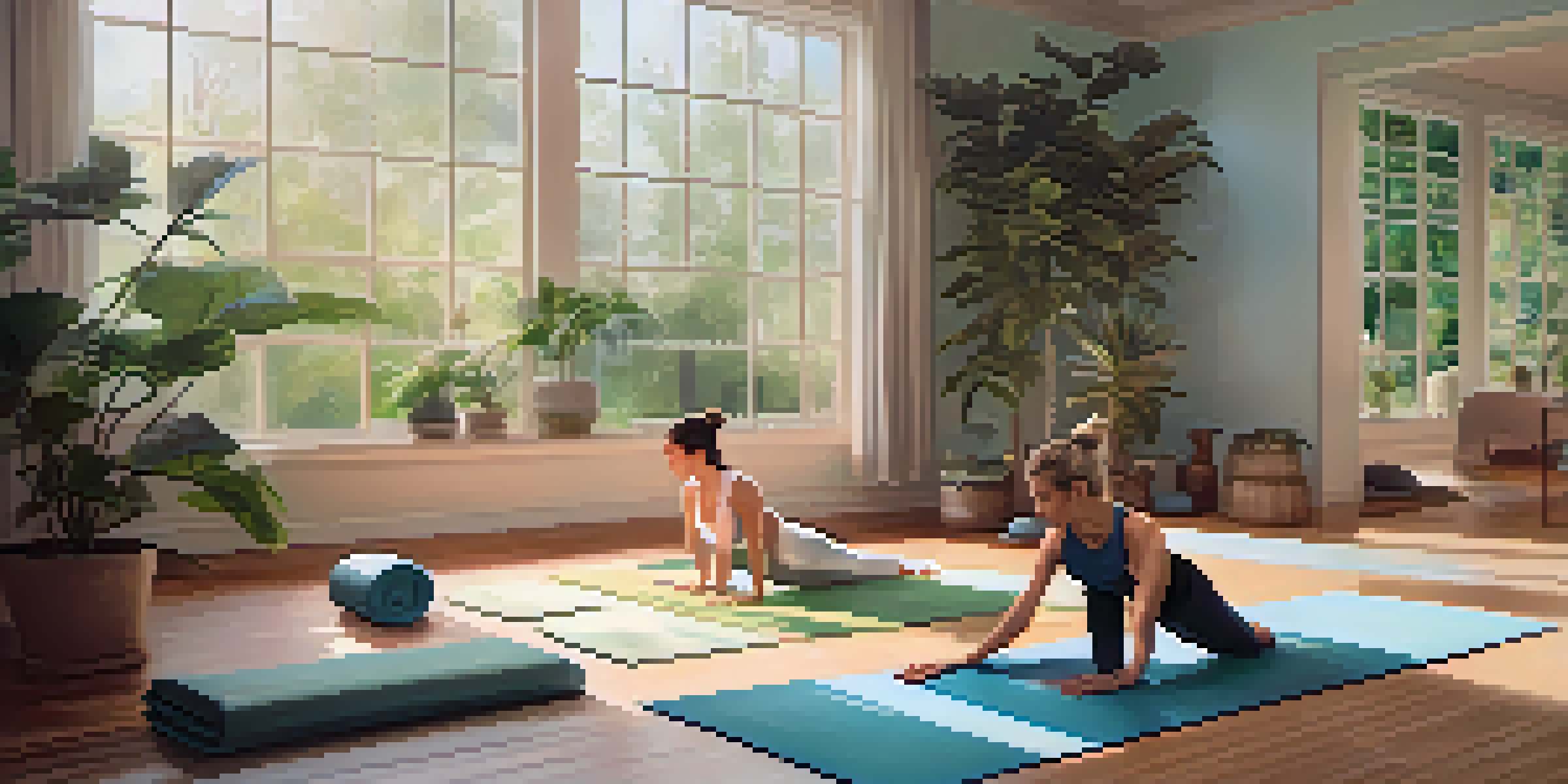 A couple practicing partner yoga in a serene studio with soft lighting and calming plants.